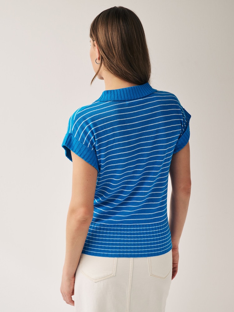 Gestreift, Blau - Kurzärmeliges Leinen Polo Neck Top - Bild 2 von 6 Gestreift, Blau - Kurzärmeliges Leinen Polo Neck Top - Bild 2 von 6