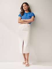 Gestreift, Blau - Kurzärmeliges Leinen Polo Neck Top - Bild 3 von 6