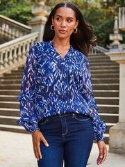 Sosandar Blue Stripe Frill Sleeve Blouse - Image 4 of 5