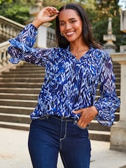 Sosandar Blue Stripe Frill Sleeve Blouse - Image 5 of 5