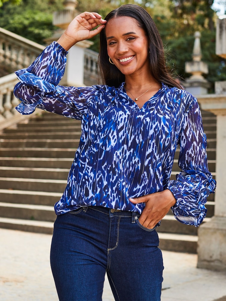 Sosandar Blue Stripe Frill Sleeve Blouse - Image 5 of 5