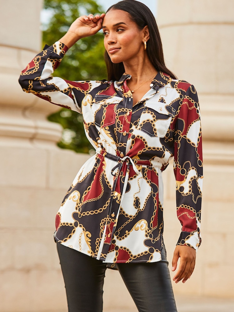 Sosandar Black Satin Tie Waist Tunic - Image 1 of 5
