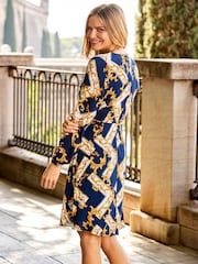 Sosandar Blue Baroque Print Belted Fit & Flare Dress - Image 2 of 5
