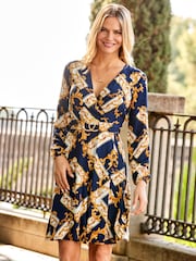 Sosandar Blue Baroque Print Belted Fit & Flare Dress - Image 4 of 5