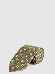 Reiss Green Comet Floral Print 100% Silk Tie - Image 1 of 5