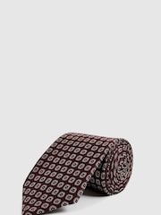 Reiss Burgundy Solar Geo Jacquard Print Silk Tie - Image 1 of 5