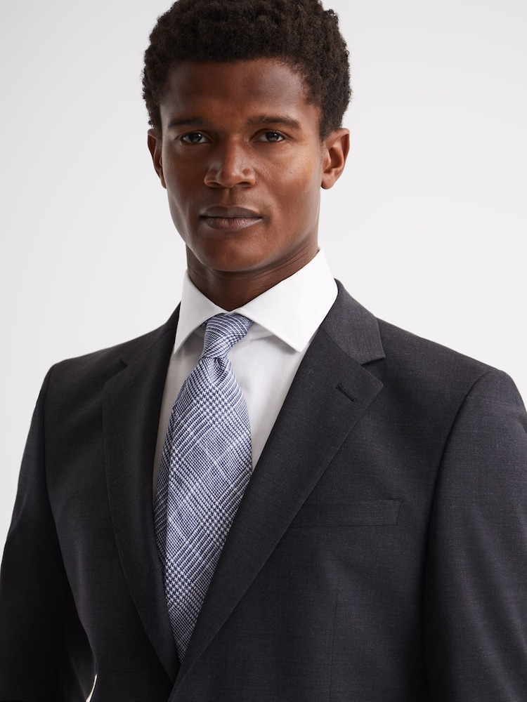 Reiss Airforce Blue Neptune Prince of Wales Check Linen Tie - Image 2 of 5