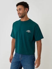 Threadbare Green Boxy Fit Stuttgart Print Cotton T-Shirt - Image 1 of 4