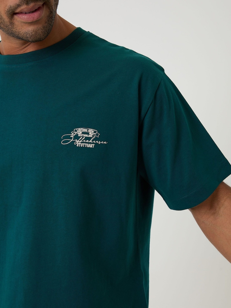 Threadbare Green Boxy Fit Stuttgart Print Cotton T-Shirt - Image 4 of 4