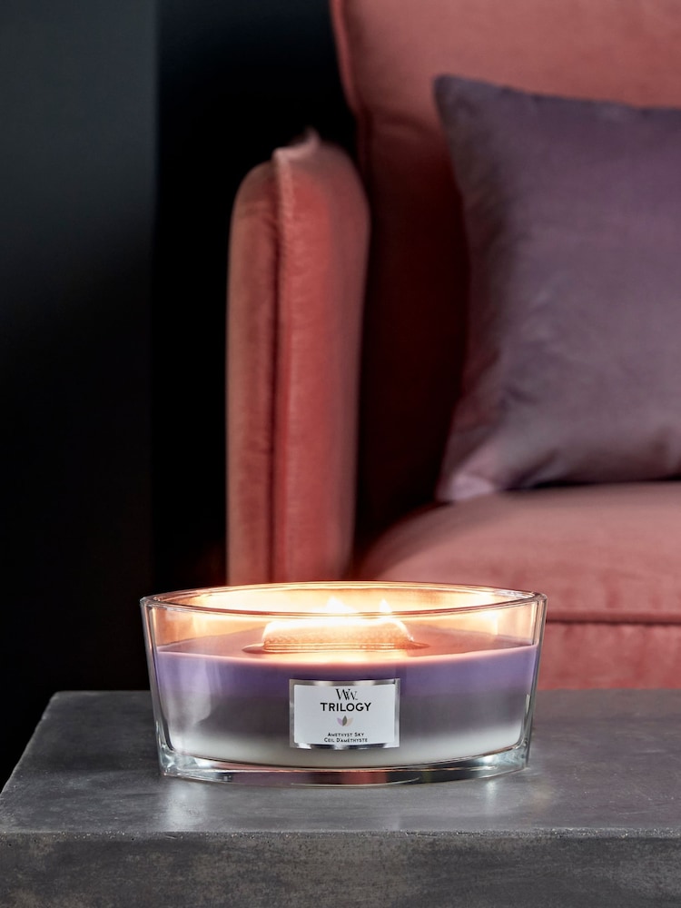 Woodwick Purple Trilogy Ellipse Jar Amethyst Sky Candle - Image 1 of 2 Woodwick Purple Trilogy Ellipse Jar Amethyst Sky Candle - Image 1 of 2