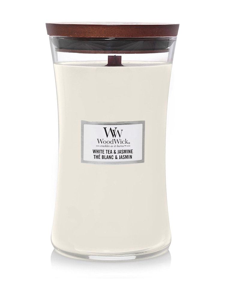 Woodwick White Large Hourglass Tea And Jasmine Candle - Image 2 of 2