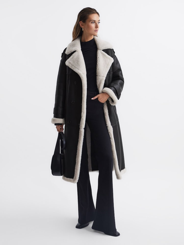 Reiss Black Alina Shearling Trench Coat - Image 1 of 8 Reiss Black Alina Shearling Trench Coat - Image 1 of 8