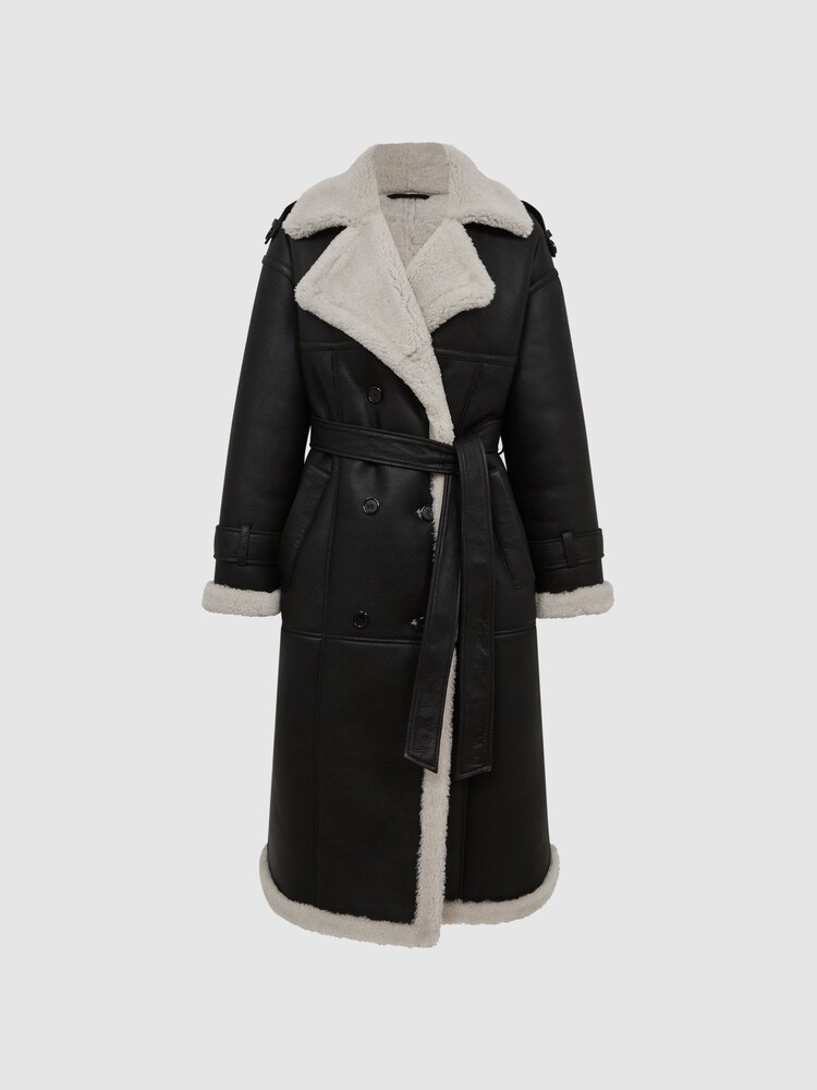 Reiss Black Alina Shearling Trench Coat - Image 2 of 8 Reiss Black Alina Shearling Trench Coat - Image 2 of 8