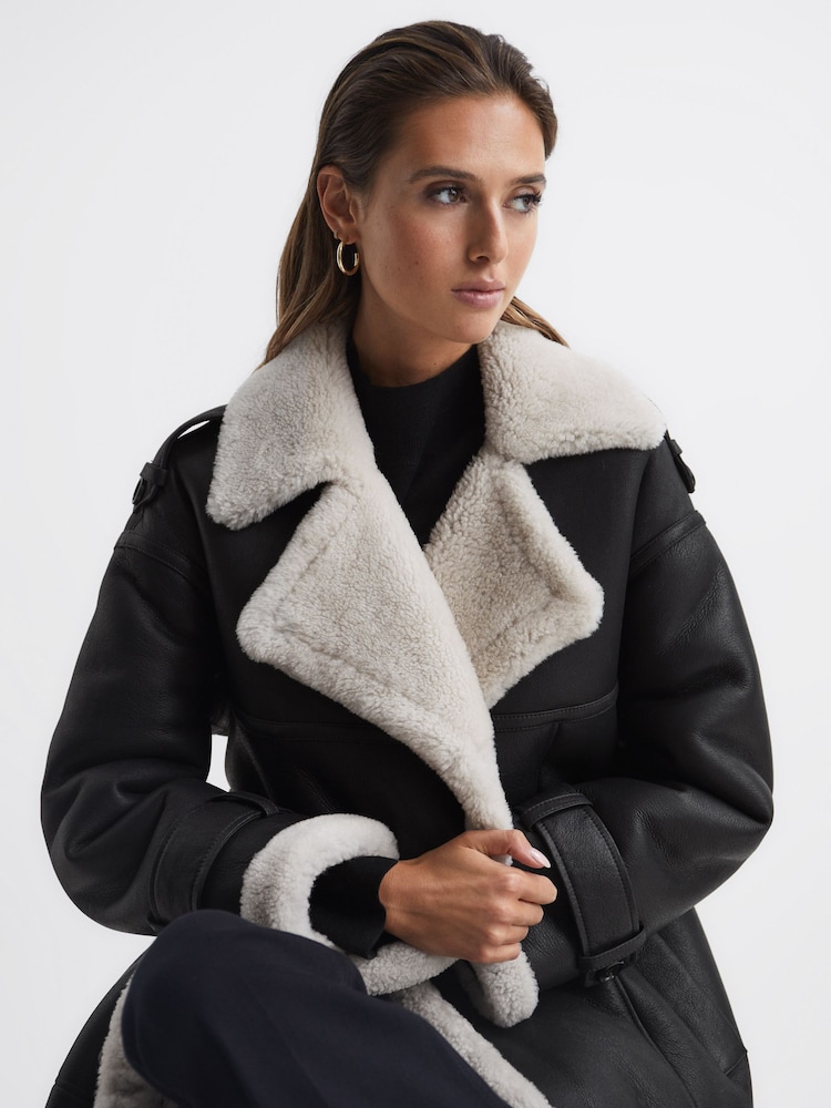 Reiss Black Alina Shearling Trench Coat - Image 8 of 8 Reiss Black Alina Shearling Trench Coat - Image 8 of 8