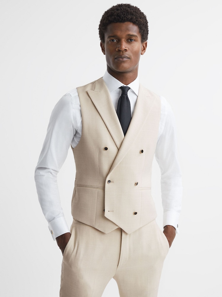 Reiss Ivory Gatsby Slim Fit Textured Double Breasted Waistcoat - Image 1 of 5