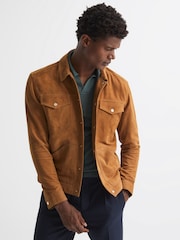 Reiss Caramel Disco Press Stud Suede Trucker Jacket - Image 1 of 7