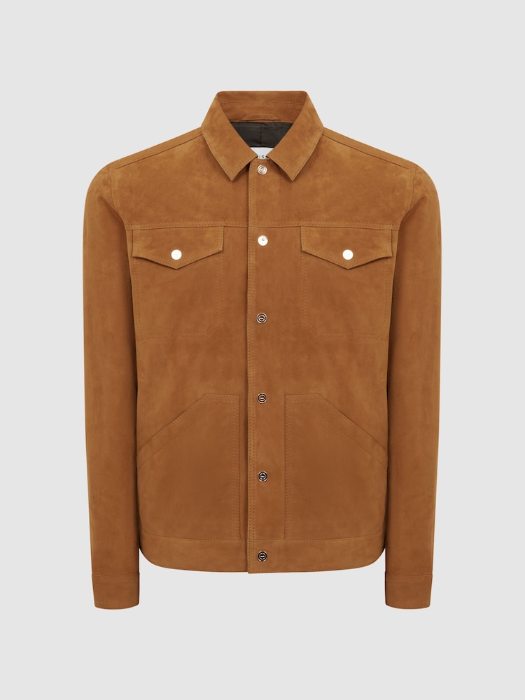 Reiss Caramel Disco Press Stud Suede Trucker Jacket - Image 2 of 7