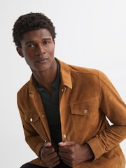 Reiss Caramel Disco Press Stud Suede Trucker Jacket - Image 4 of 7