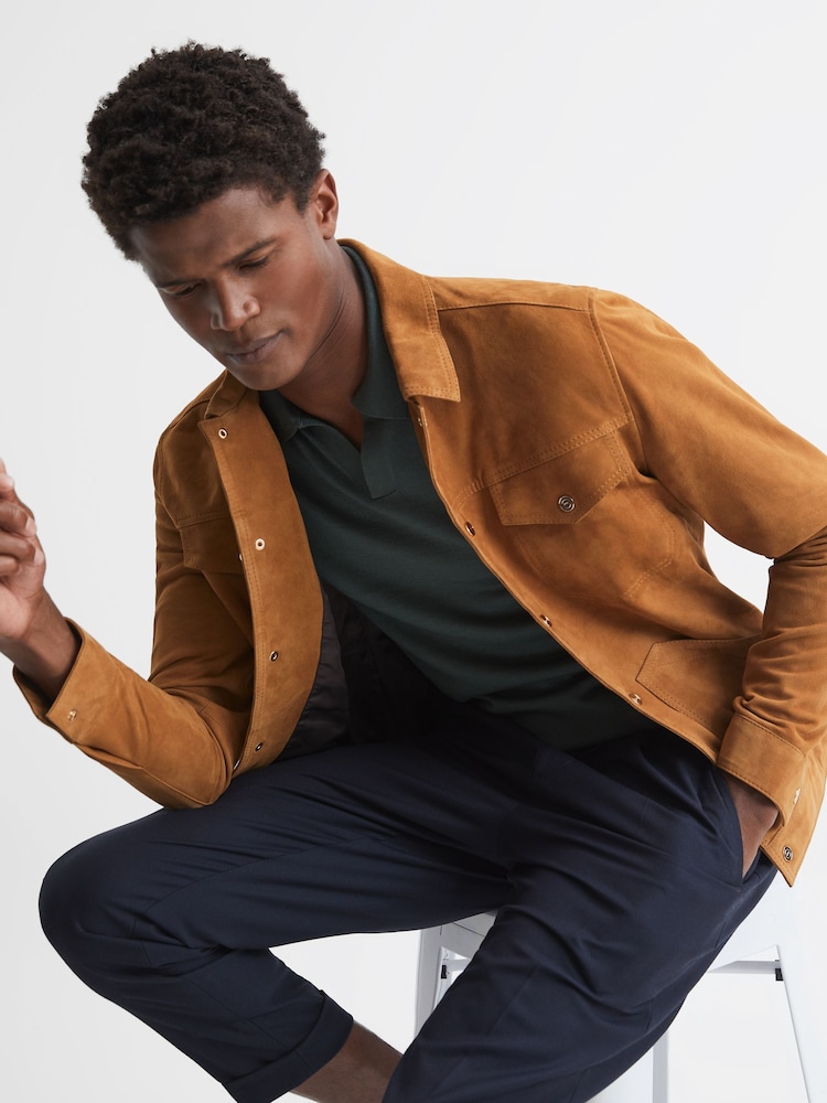 Reiss Caramel Disco Press Stud Suede Trucker Jacket - Image 6 of 7
