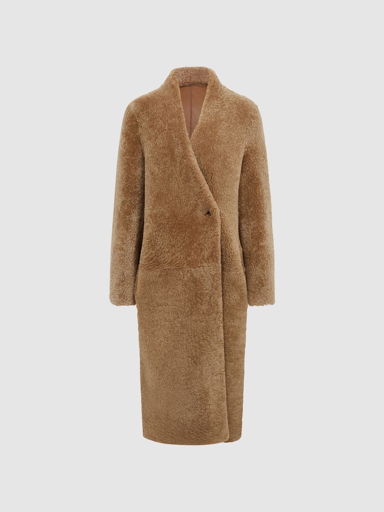 Reiss Tan Neave Reversible Long Shearling Coat - Image 2 of 9