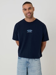 Threadbare Blue Boxy Fit Madrid Print Cotton T-Shirt - Image 1 of 4