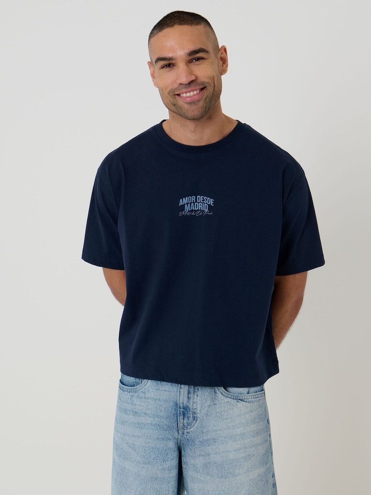 Threadbare Blue Boxy Fit Madrid Print Cotton T-Shirt - Image 1 of 4