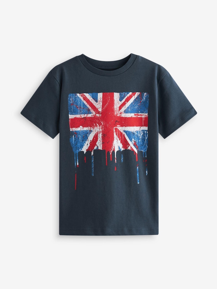 Navy Blue Union Jack Short Sleeve Graphic T-Shirt (3-16yrs) - Image 1 of 1
