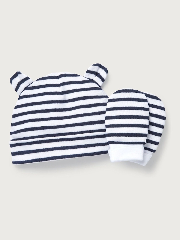 The White Company Organic Cotton Stripe Hat And Mitt Set - Image 1 of 1 The White Company Organic Cotton Stripe Hat And Mitt Set - Image 1 of 1