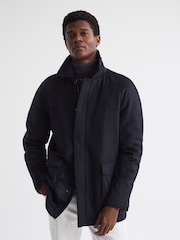 Reiss Navy Mandarin Zip Through Cashmere Coat - Image 1 of 6