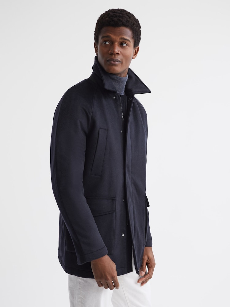 Reiss Navy Mandarin Zip Through Cashmere Coat - Image 6 of 6