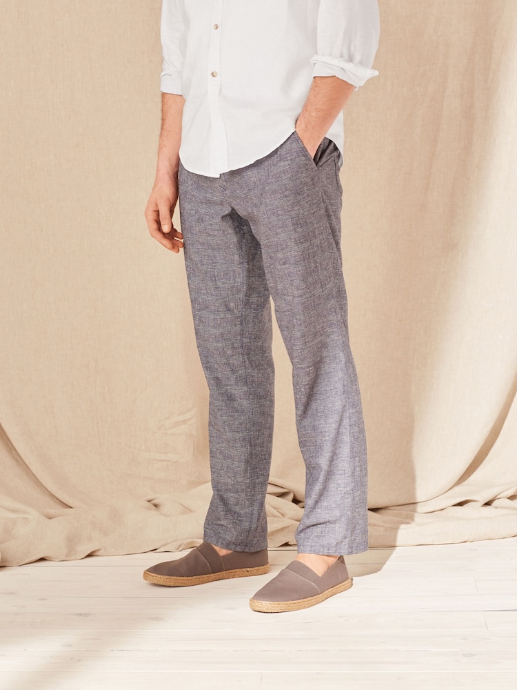 Blue Check Regular Fit Linen Rich Trousers - Image 1 of 8 Blue Check Regular Fit Linen Rich Trousers - Image 1 of 8