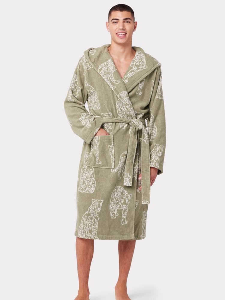 Chelsea Peers Green Towelling Leopard Print Hooded Dressing Gown - Image 1 of 5