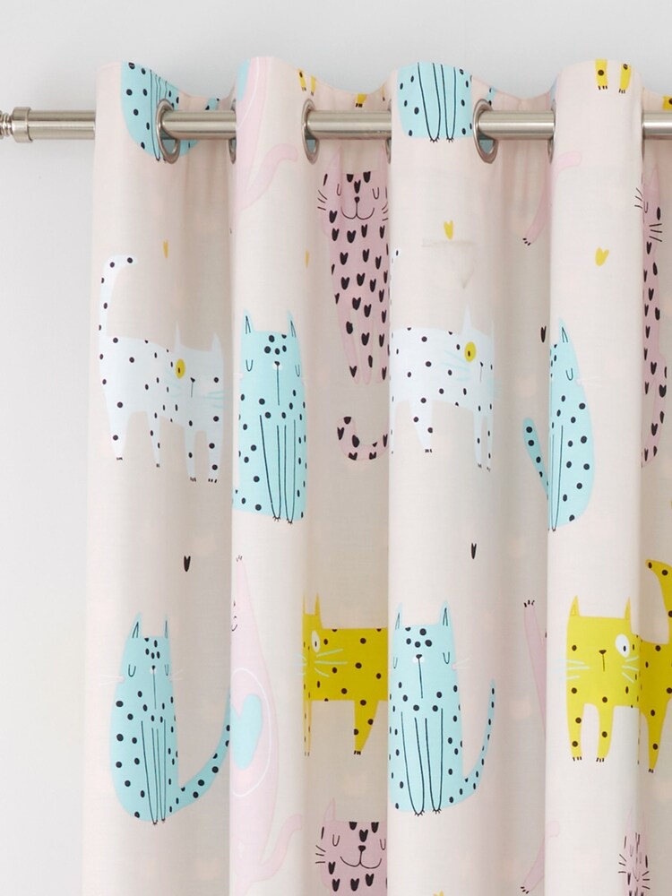 Catherine Lansfield Pink Cute Cats Reversible Eyelet Curtains - Image 1 of 4