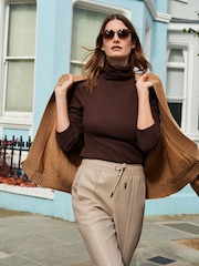 Chocolate Brown Long Sleeve Ribbed Roll Neck Top - Image 1 of 5