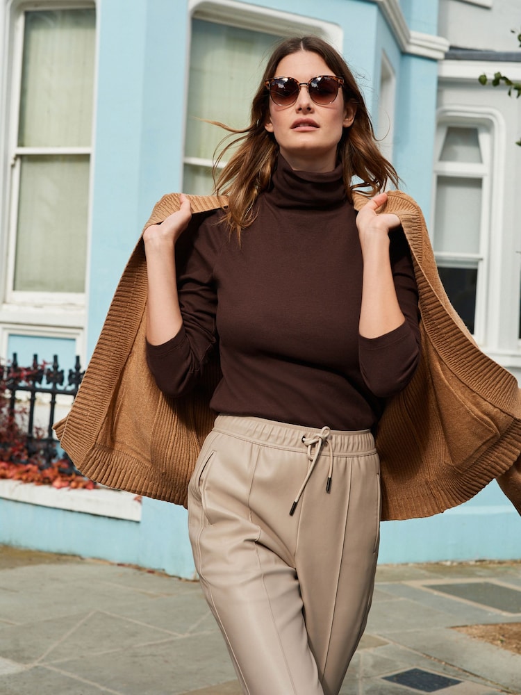 Chocolate Brown Long Sleeve Ribbed Roll Neck Top - Image 1 of 5
