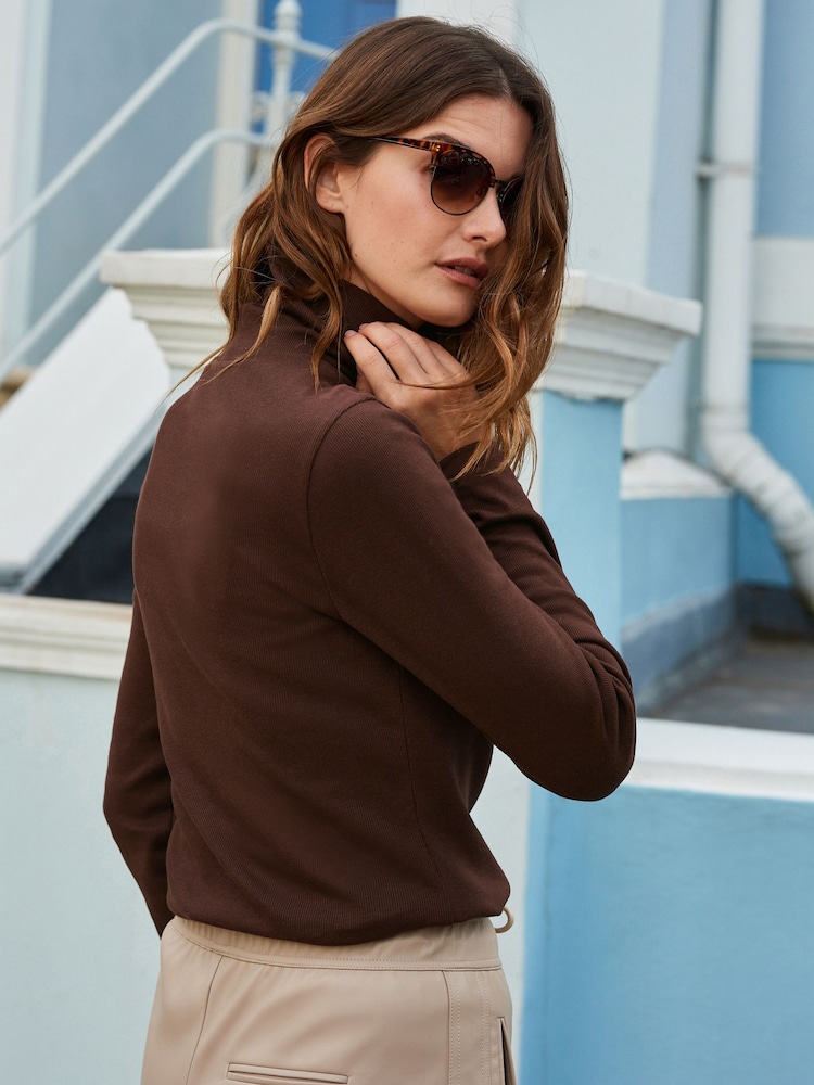 Chocolate Brown Long Sleeve Ribbed Roll Neck Top - Image 3 of 5
