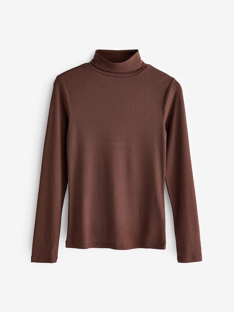 Chocolate Brown Long Sleeve Ribbed Roll Neck Top - Image 5 of 5