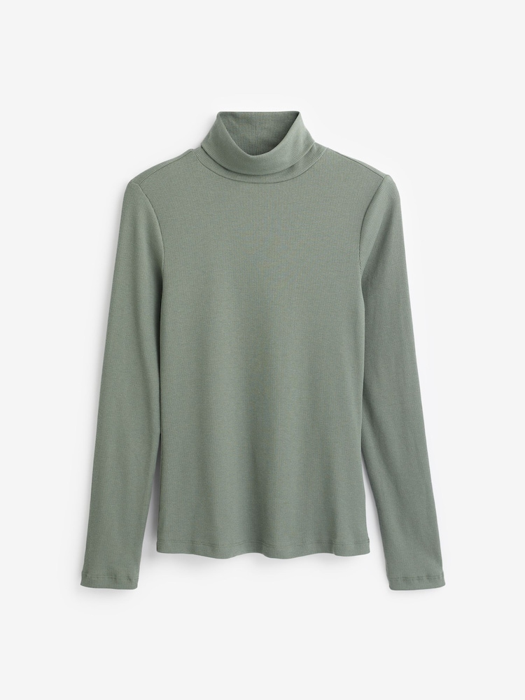 Khaki Green Long Sleeve Ribbed Roll Neck Top - Image 1 of 1