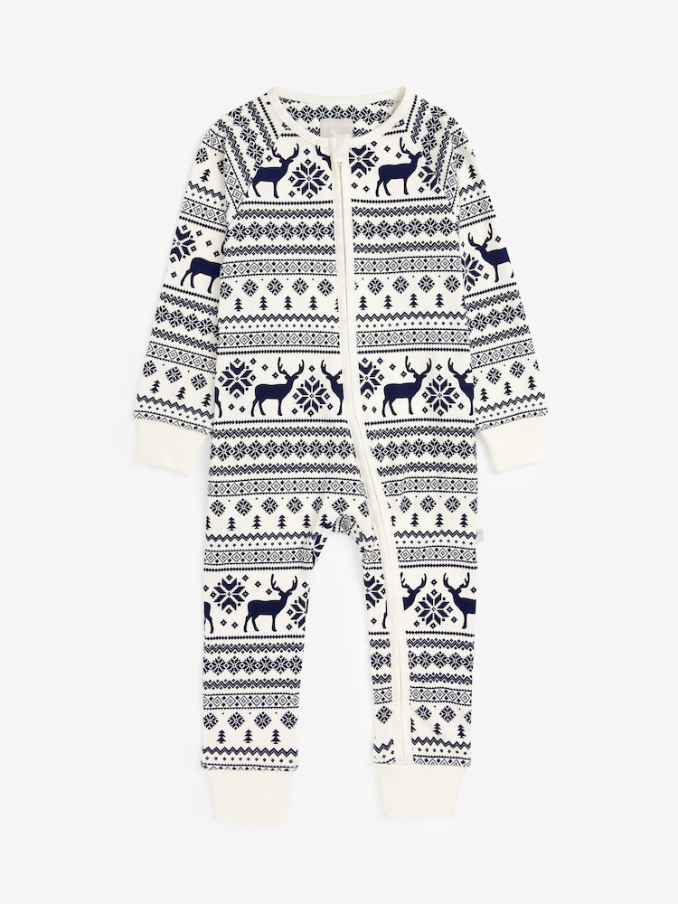 Crème - The Little Tailor Kids Reindeer Christmas Fairisle Pattern 100% Cotton All-In-One - Image 5 of 9