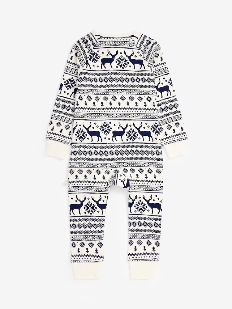 Crème - The Little Tailor Kids Reindeer Christmas Fairisle Pattern 100% Cotton All-In-One - Image 6 of 9