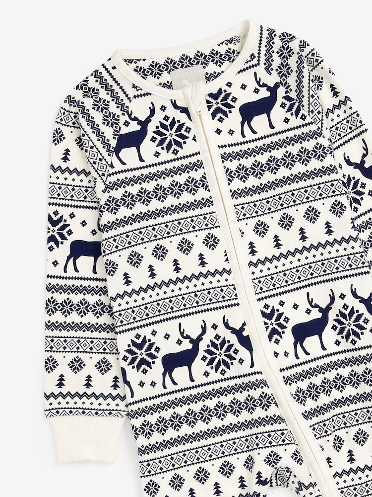 Crème - The Little Tailor Kids Reindeer Christmas Fairisle Pattern 100% Cotton All-In-One - Image 8 of 9
