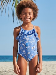 Blue/White Floral Frill Swimsuit (3mths-16yrs) - Image 1 of 6