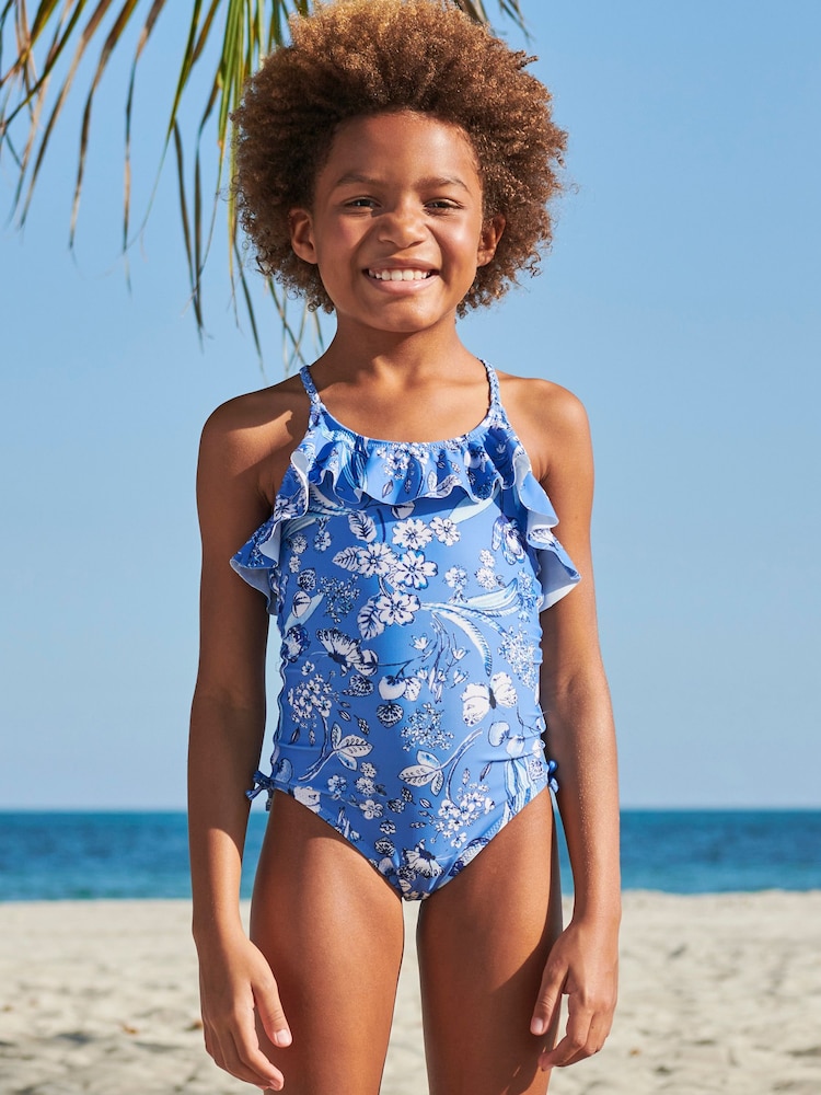 Blue/White Floral Frill Swimsuit (3mths-16yrs) - Image 1 of 6