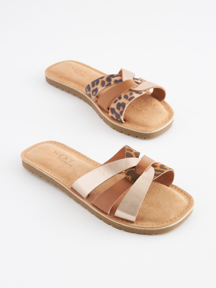 Tan Brown Animal Print Leather Woven Sliders - Image 1 of 4