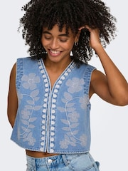 ONLY Blue Denim Emroidered Waistcoat - Image 1 of 7