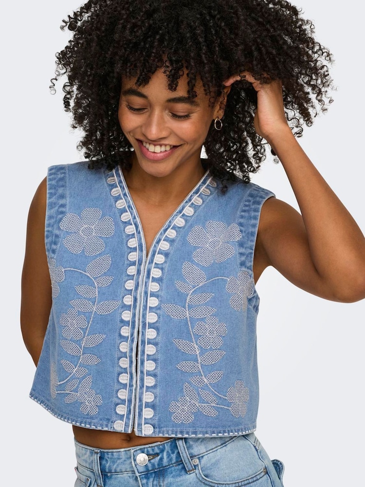 ONLY Blue Denim Emroidered Waistcoat - Image 1 of 7