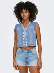 ONLY Blue Denim Emroidered Waistcoat - Image 2 of 7