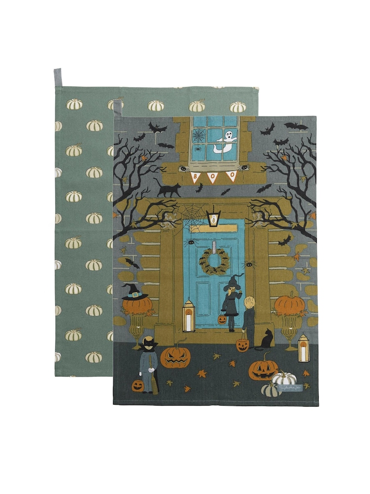 Sophie Allport Set of 2 Blue Pumpkin Halloween Tea Towels - Image 1 of 2