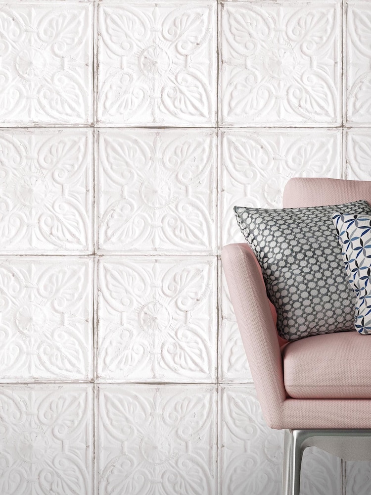 Woodchip & Magnolia White Tin Tile Wallpaper - Image 1 of 4