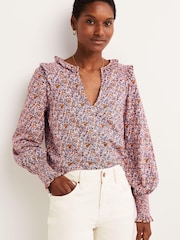 Boden Pink Notch Neck Smocked Frill Top - Image 1 of 5